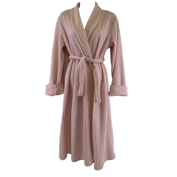 Lands End Pink Ribbed Terry Robe Tie Belt Shawl Collar Long Sleeve Womens Large - Picture 1 of 12